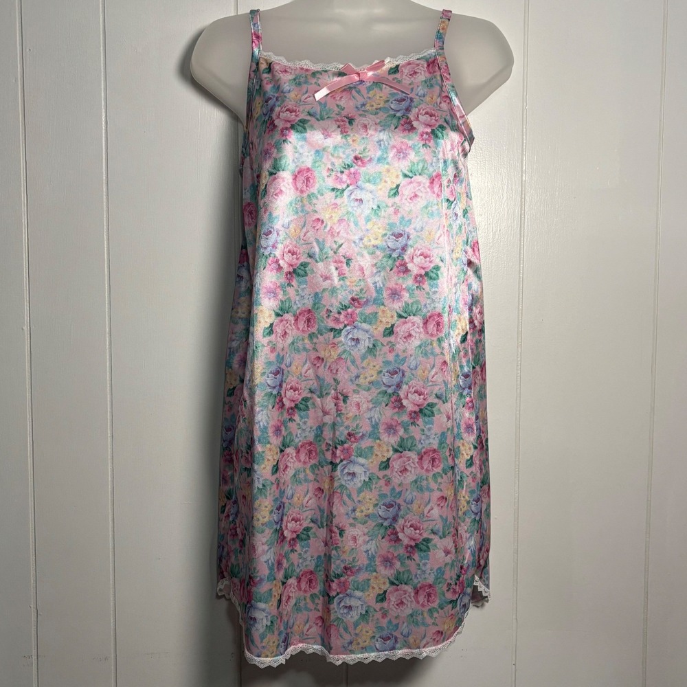 Vintage Cassie Girls Floral Satin Nightgown Pink Blue Lace Trim Made in USA 12